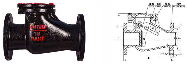 H44T-10铸铁旋启式止回阀结构图